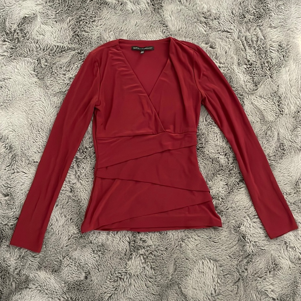 White House Black Market Burgundy Wrap Long-Sleeve Top - Picture 2 of 8